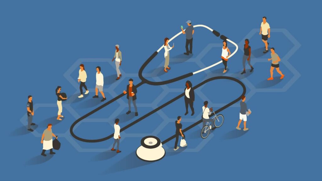 A bustling crowd of 18 people pass by an oversized stethoscope to illustrate the medical field of Public Health. Some walk, jog, or ride past while others stand as if they are out in public.